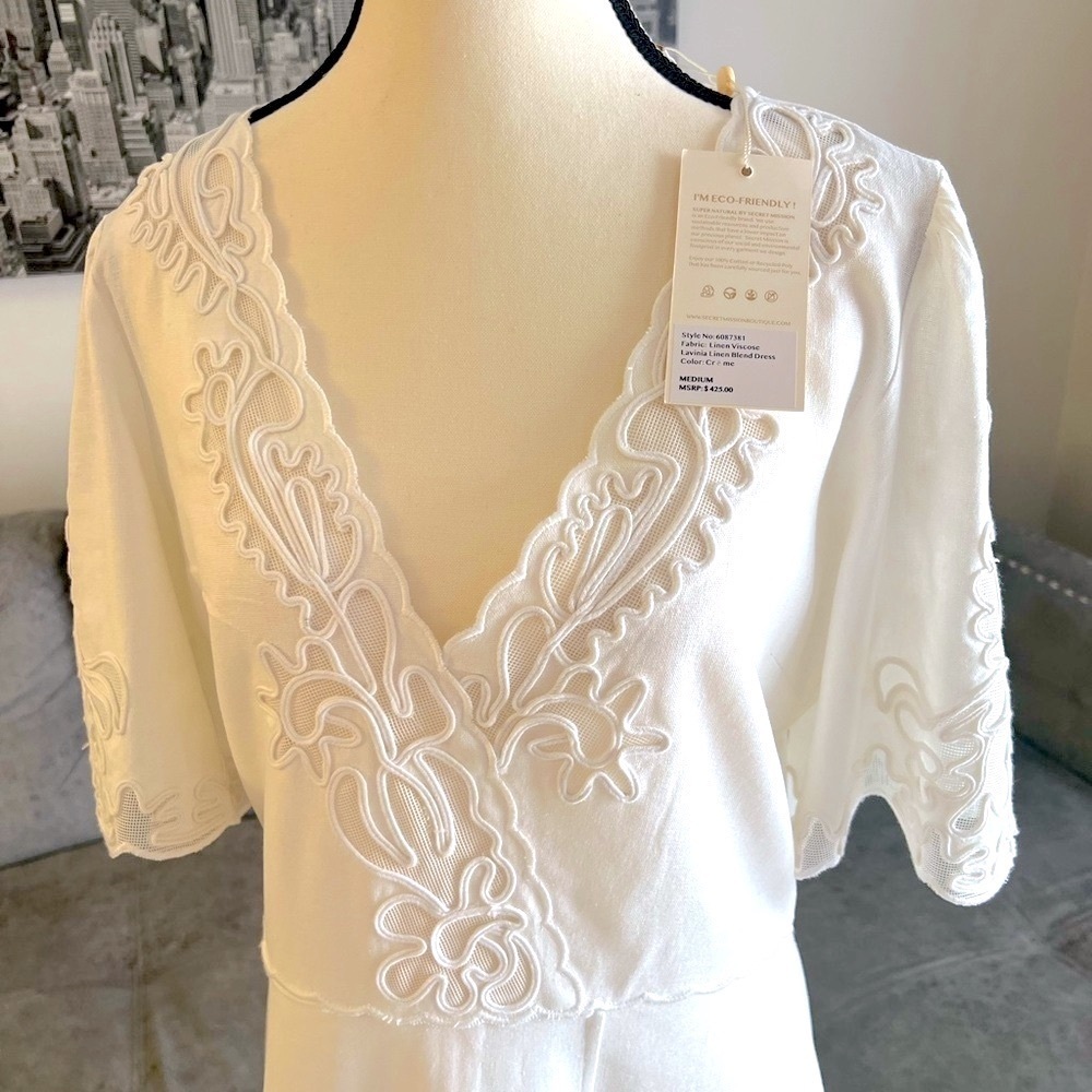 Secret Mission White Linen Blend Embroidered Dress | New WT | Luxury $425 Retail